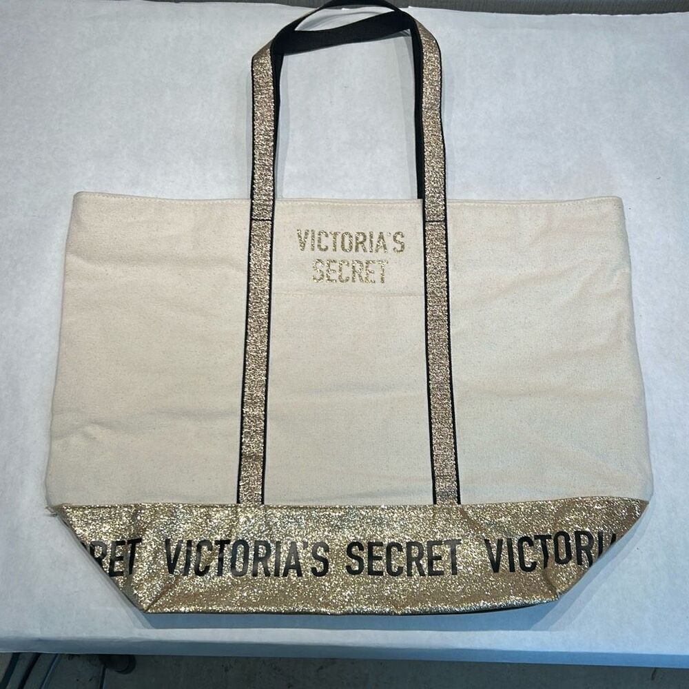 Victoria's Secret VS Canvas Tote Bag Metallic Glitter Gold Spellout Zip Top